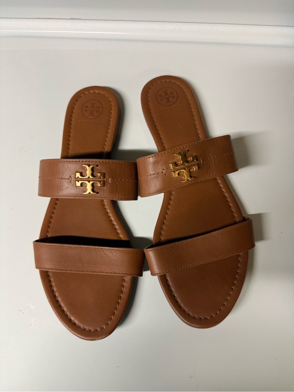 Tory Burch Everly two-band flat sandals brown leather size 10